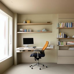 Cosy and modern home office with an ergonomic chair, a spacious desk, a large window allowing natural light, and well-organized bookshelves flush against a soothing pastel colored wall.