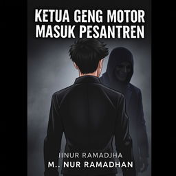 A book cover titled "Ketua Geng Motor Masuk Pesantren", featuring a 17-year-old male character with Korean-style hair