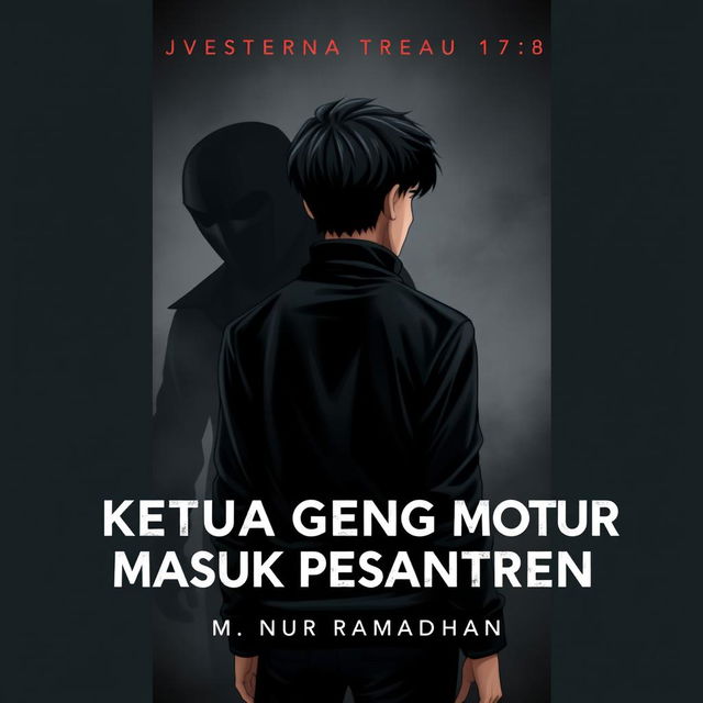 A book cover titled "Ketua Geng Motor Masuk Pesantren", featuring a 17-year-old male character with Korean-style hair