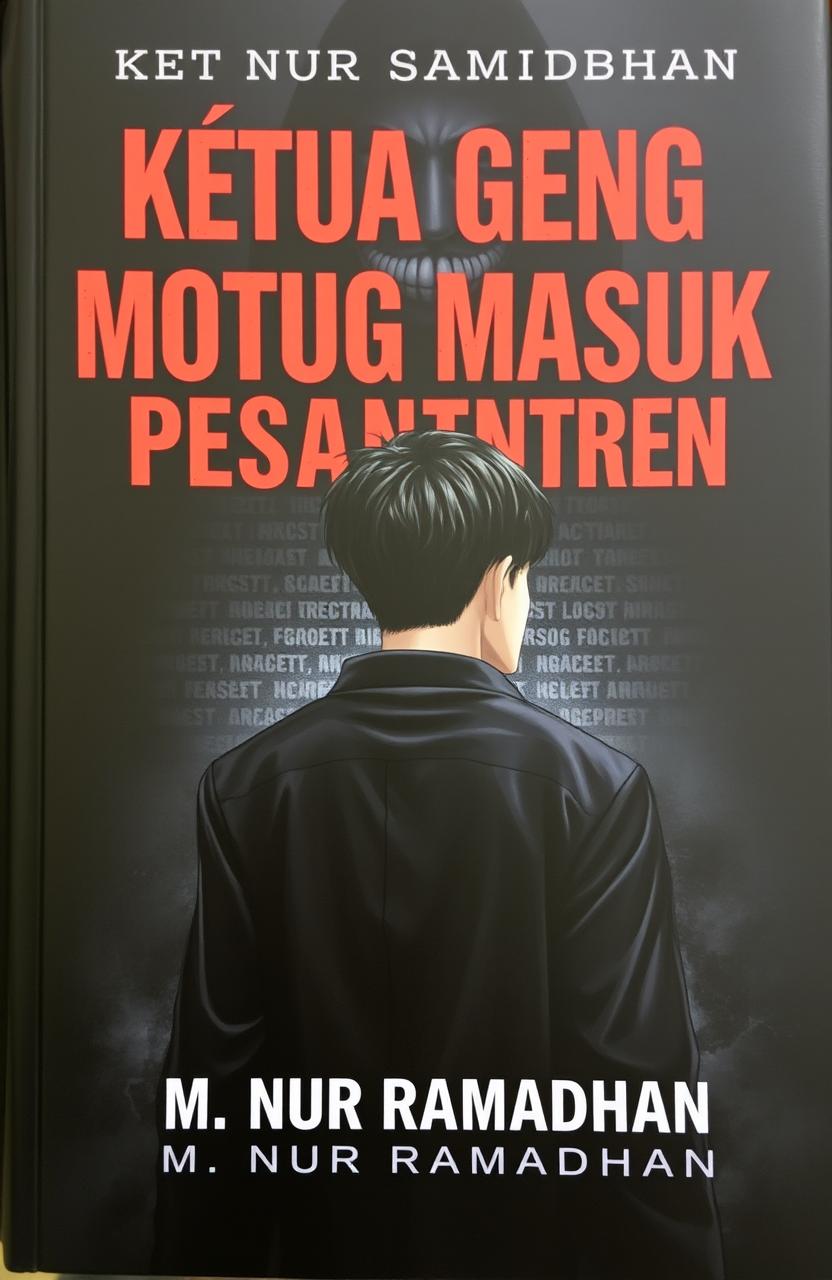 A dark and intense book cover titled "Ketua Geng Motor Masuk Pesantren" featuring a 17-year-old male character with Korean-style hair