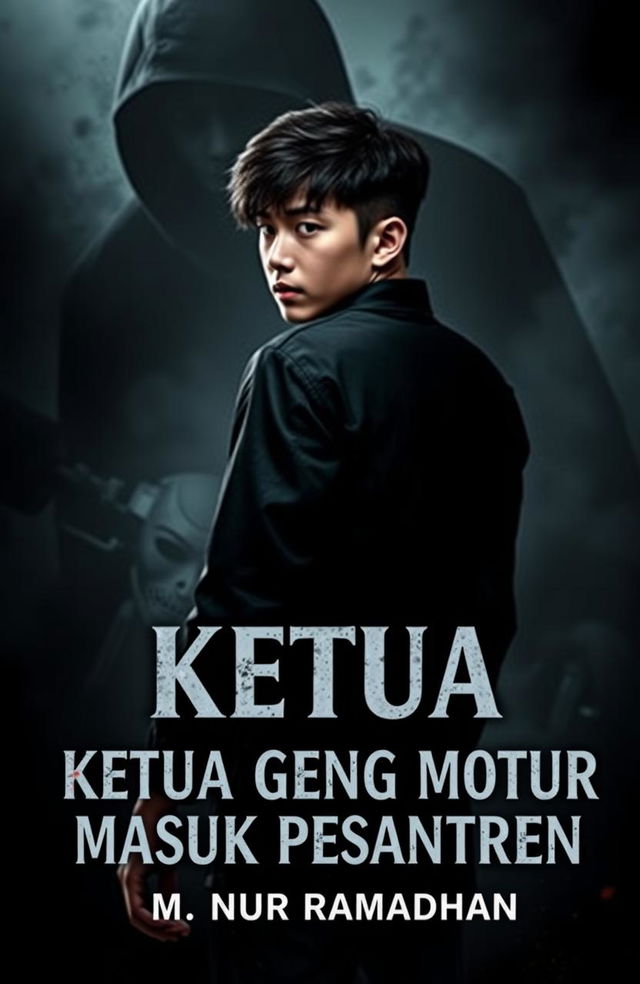 A dark and intense book cover titled "Ketua Geng Motor Masuk Pesantren" featuring a 17-year-old male character with Korean-style hair