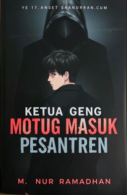 A dark and intense book cover titled "Ketua Geng Motor Masuk Pesantren" featuring a 17-year-old male character with Korean-style hair