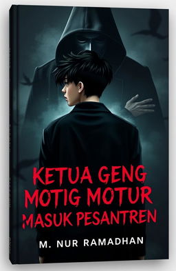 A dark and intense book cover titled "Ketua Geng Motor Masuk Pesantren" featuring a 17-year-old male character with Korean-style hair