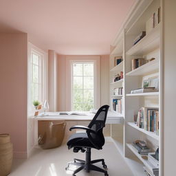 Cosy and modern home office with an ergonomic chair, a spacious desk, a large window allowing natural light, and well-organized bookshelves flush against a soothing pastel colored wall.