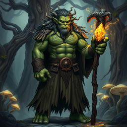 A powerful wizard orc, standing tall with a muscular build, adorned in a flowing, tattered robe covered in intricate symbols and magical runes