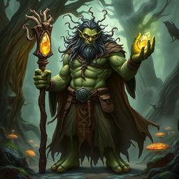 A powerful wizard orc, standing tall with a muscular build, adorned in a flowing, tattered robe covered in intricate symbols and magical runes