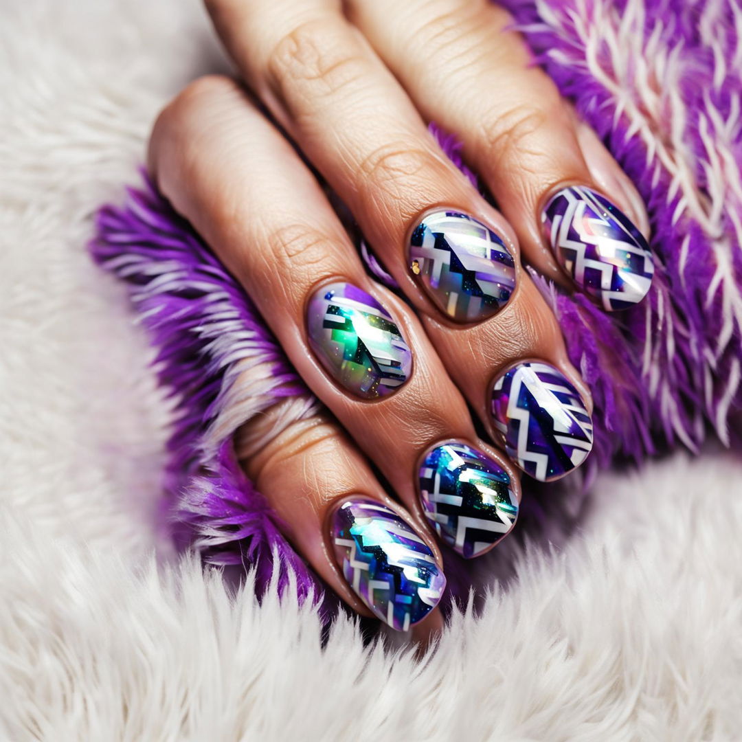 Close-up photograph of oval-shaped nails with a matte lavender base and silver holographic designs