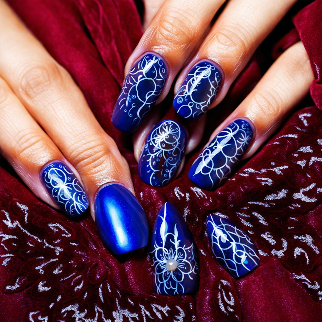 Close-up photograph of ballerina-shaped nails with a glossy royal blue base and intricate silver mandala designs