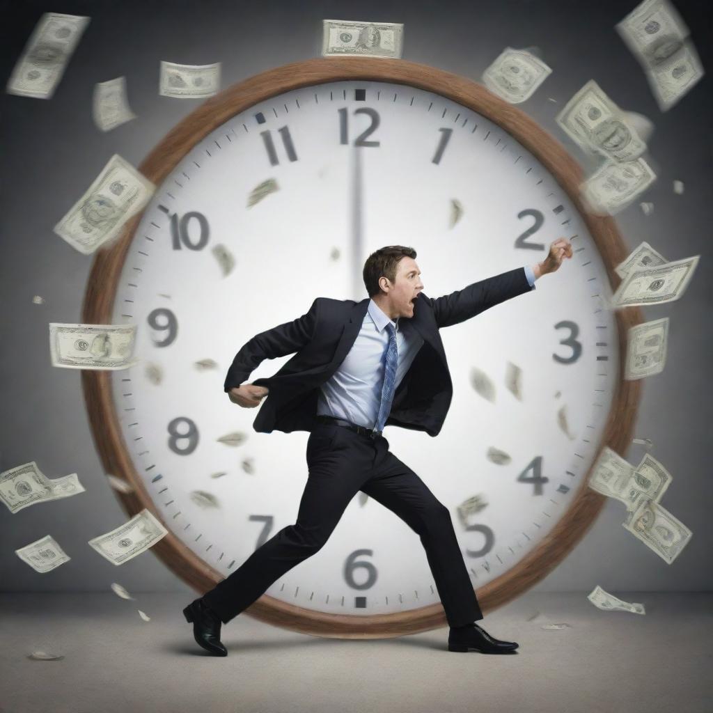 A successful businessman racing against a clock, with money symbols forming a stressful whirlwind around him