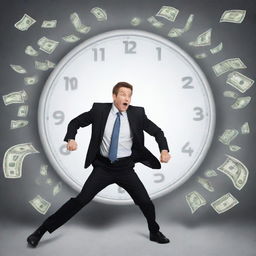 A successful businessman racing against a clock, with money symbols forming a stressful whirlwind around him