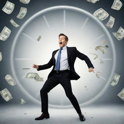 A successful businessman racing against a clock, with money symbols forming a stressful whirlwind around him