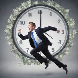 A successful businessman racing against a clock, with money symbols forming a stressful whirlwind around him