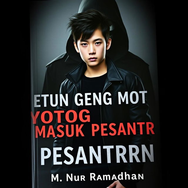 A dark and compelling book cover titled "Ketua Geng Motor Masuk Pesantren" featuring a 17-year-old boy with stylish Korean hair