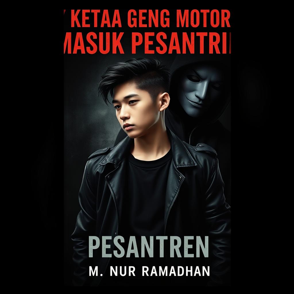 A dark and compelling book cover titled "Ketua Geng Motor Masuk Pesantren" featuring a 17-year-old boy with stylish Korean hair