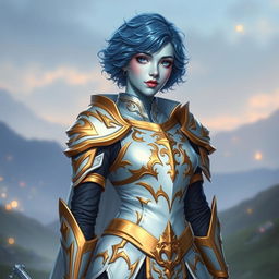 A female paladin with sky blue skin, featuring short, curly hair