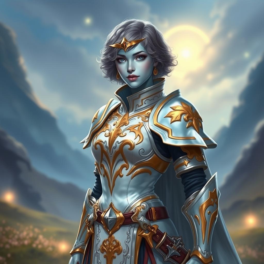 A female paladin with sky blue skin, featuring short, curly hair