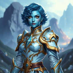A female paladin with sky blue skin, featuring short, curly hair