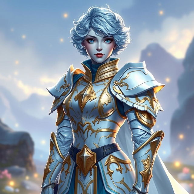 A female paladin with sky blue skin, featuring short, curly hair