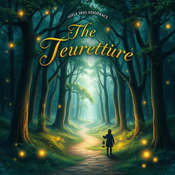 A captivating book cover design featuring a mystical forest with towering trees and glowing fireflies