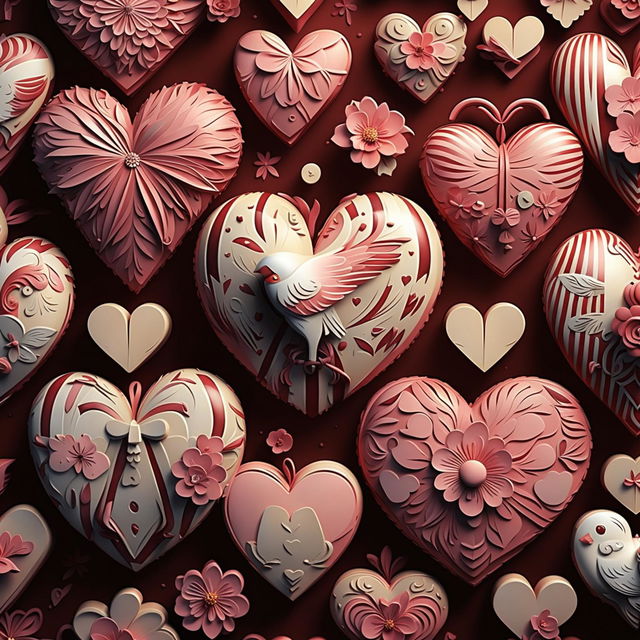 3D, 32k HD digital art of intricate Valentine's hearts.