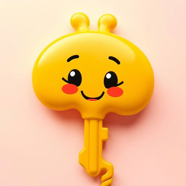 A whimsical, cartoonish yellow key with rounded tips, designed to look friendly and inviting