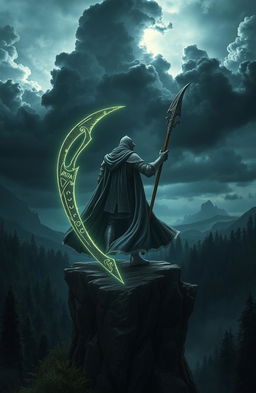 A heroic figure, known as the 'Hero's Reaper', stands on a cliff overlooking a dark, enchanted forest under a stormy sky