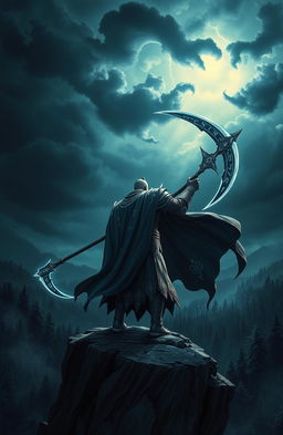A heroic figure, known as the 'Hero's Reaper', stands on a cliff overlooking a dark, enchanted forest under a stormy sky
