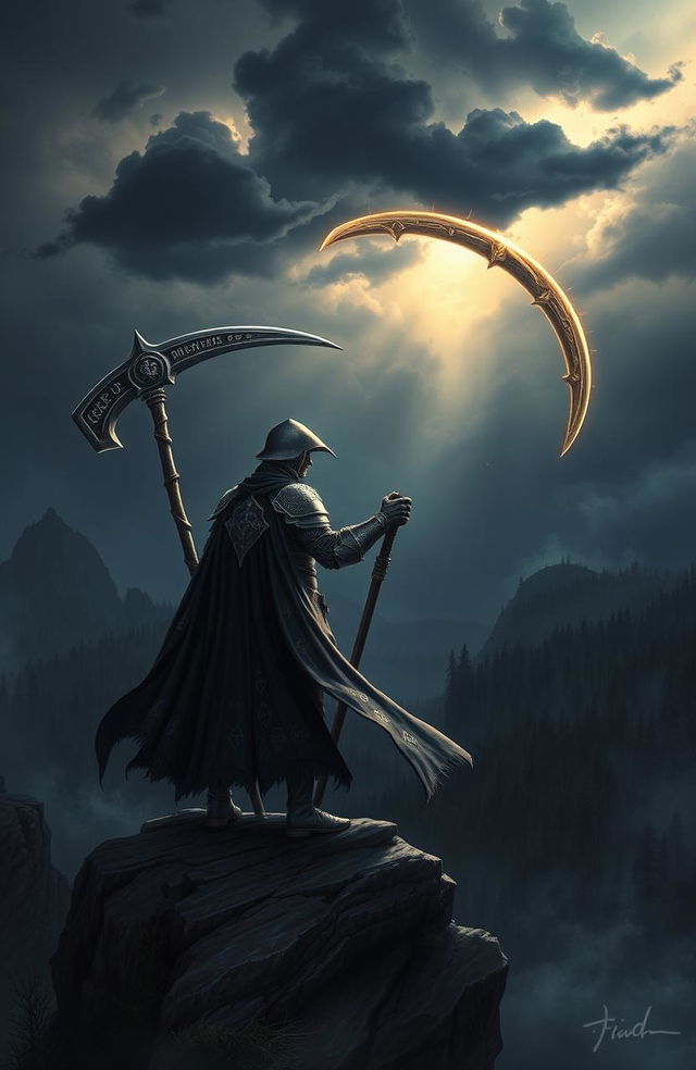 A heroic figure, known as the 'Hero's Reaper', stands on a cliff overlooking a dark, enchanted forest under a stormy sky