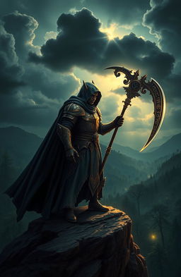 A heroic figure, known as the 'Hero's Reaper', stands on a cliff overlooking a dark, enchanted forest under a stormy sky