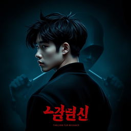 Create a poster featuring a 17-year-old male with Korean hairstyle, facing away from the viewer