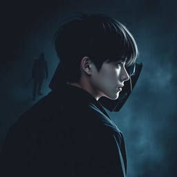 Create a poster featuring a 17-year-old male with Korean hairstyle, facing away from the viewer