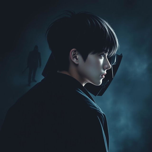 Create a poster featuring a 17-year-old male with Korean hairstyle, facing away from the viewer