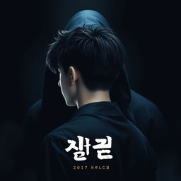 Create a poster featuring a 17-year-old male with Korean hairstyle, facing away from the viewer