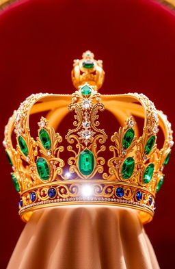 A beautifully ornate crown adorned with intricate gemstones, including emeralds, diamonds, and sapphires, set against a regal velvet background