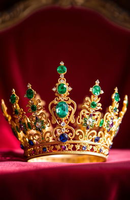 A beautifully ornate crown adorned with intricate gemstones, including emeralds, diamonds, and sapphires, set against a regal velvet background