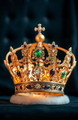 A beautifully ornate crown adorned with intricate gemstones, including emeralds, diamonds, and sapphires, set against a regal velvet background