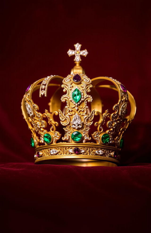 A beautifully ornate crown adorned with intricate gemstones, including emeralds, diamonds, and sapphires, set against a regal velvet background