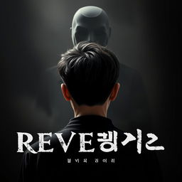 A dramatic poster featuring a 17-year-old male with Korean hairstyle facing away, his face not visible