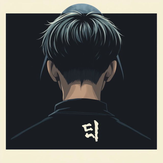 Create a poster featuring a 17-year-old male with a Korean hairstyle, facing away from the viewer