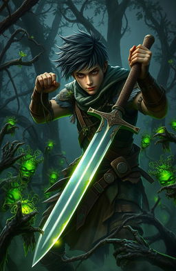 A courageous young male hero, clad in rugged armor adorned with natural motifs, fiercely battling against undead, plant-infested zombies