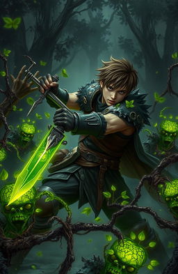 A courageous young male hero, clad in rugged armor adorned with natural motifs, fiercely battling against undead, plant-infested zombies