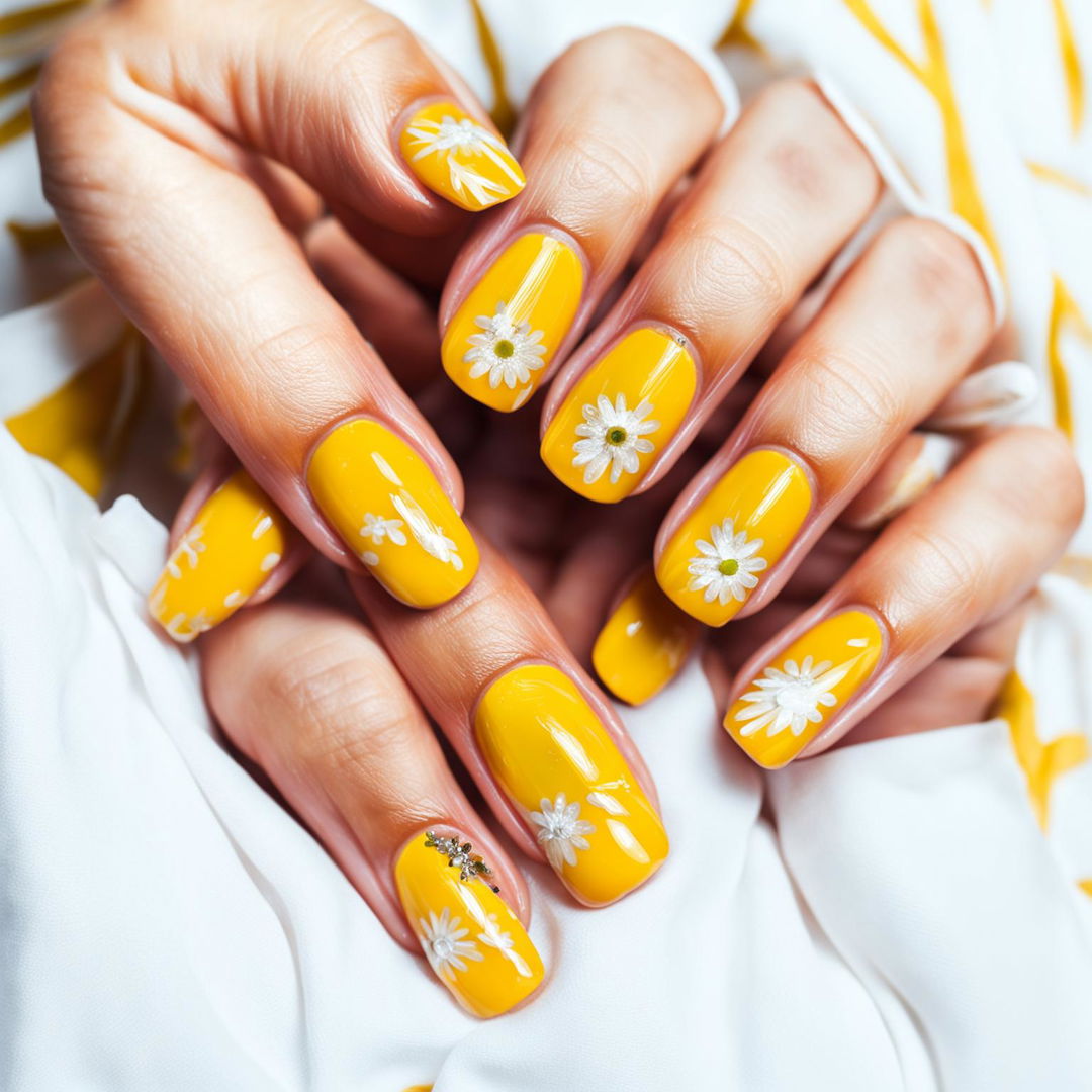 Close-up photograph of short, round-shaped nails with a glossy pastel yellow base and delicate white daisy designs