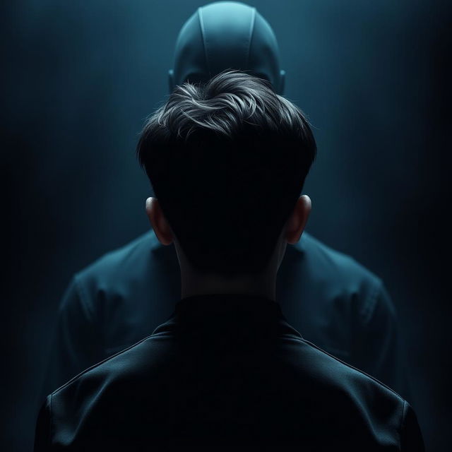 Create a plain poster without any text featuring a 17-year-old male with a Korean hairstyle, facing away from the viewer