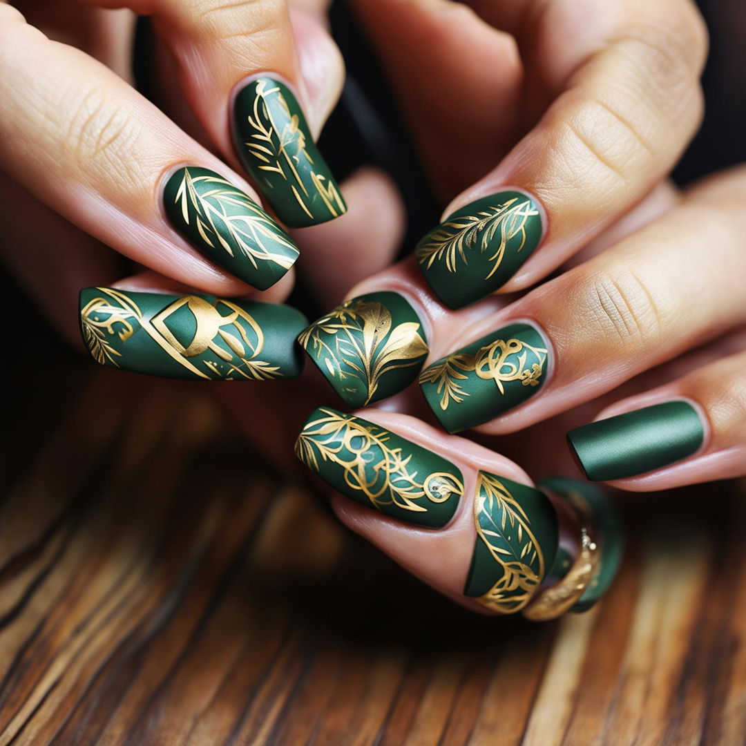 Close-up photograph of short, square-shaped nails with a matte forest green base and gold leaf designs