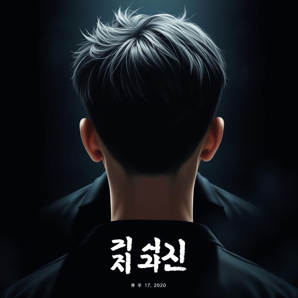 Create a plain poster without any text featuring a 17-year-old male with a Korean hairstyle, facing away from the viewer