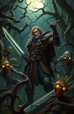 A brave male hero clad in rugged, battle-worn armor, standing defiantly in a dark, eerie forest filled with twisted trees and vibrant, creeping vines