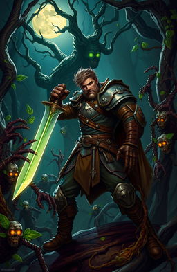 A brave male hero clad in rugged, battle-worn armor, standing defiantly in a dark, eerie forest filled with twisted trees and vibrant, creeping vines