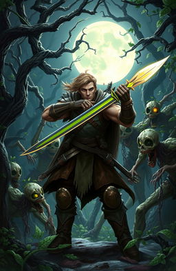 A brave male hero clad in rugged, battle-worn armor, standing defiantly in a dark, eerie forest filled with twisted trees and vibrant, creeping vines