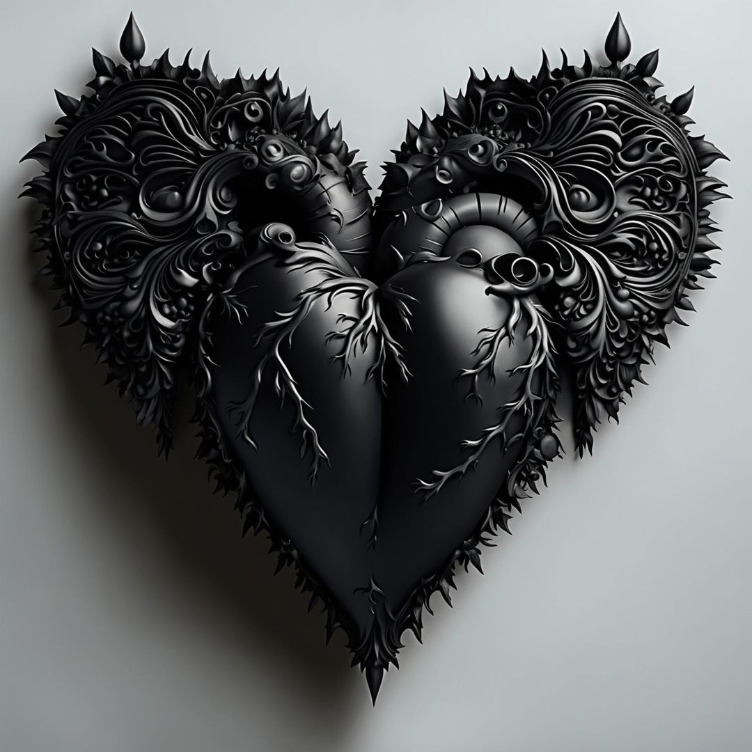 A gothic Valentine's heart in deep black, adorned with baroque-style flourishes, set against a stark white background in 32k resolution