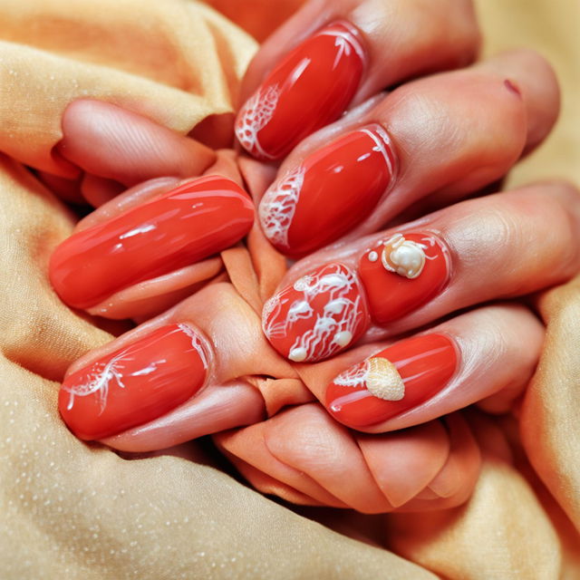 Close-up photograph of short, oval-shaped nails with a glossy coral base and delicate white seashell designs